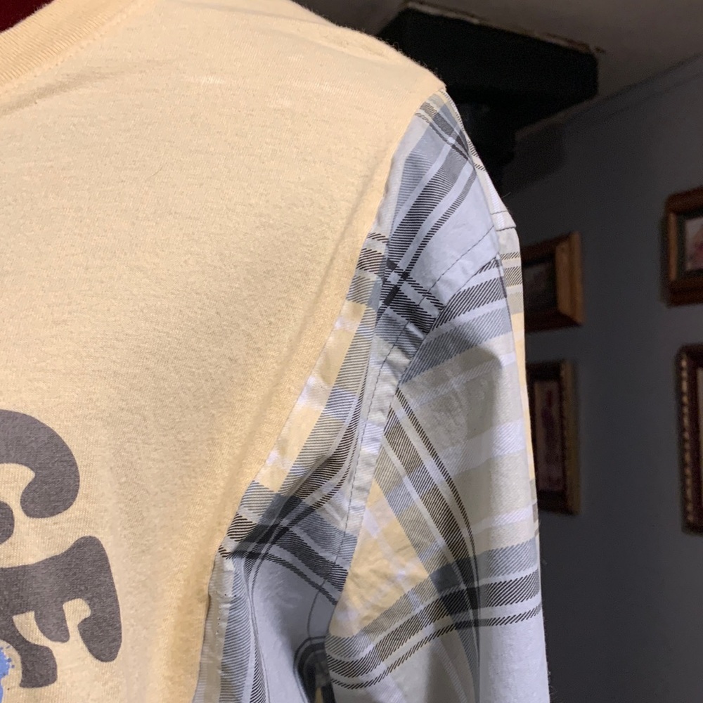 Upcycled “Find Peace Within”Yellow Graphic Tee with plaid Plaid Sleeves - Picture 7 of 7